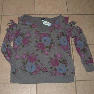 NEW Gray Floral Plus Sz 2X Shredded Distressed Pullover Lightweight Sweat Shirt